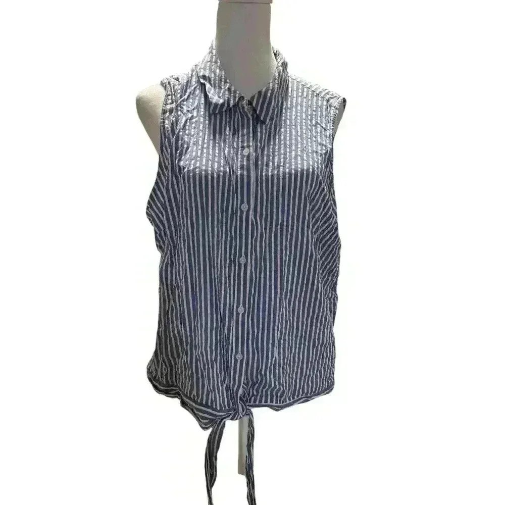 Elle Size 2X Blue Striped Sleeveless Tank With Tie‎
